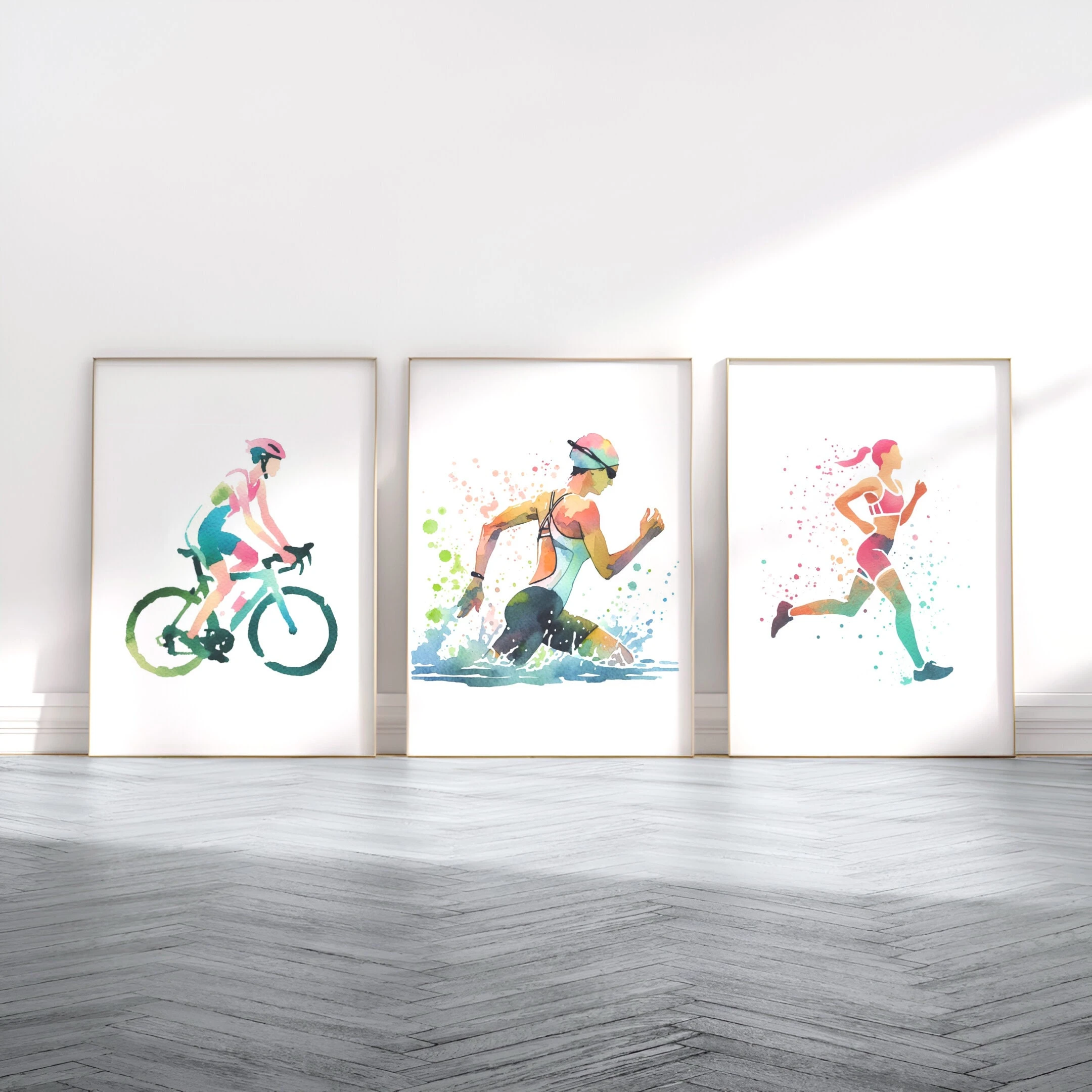 Home Gym Decor - 3 adetlik Kadın Triatlon Sanat Poster
